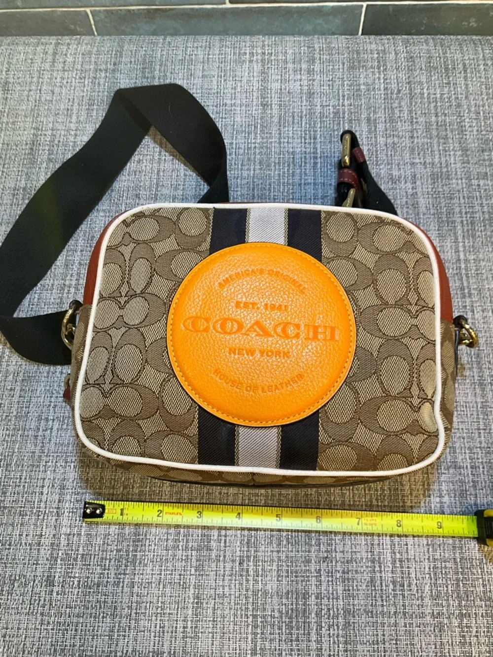 Coach Dempsey Camera Bag In Signature Jacquard w/Orange Coach Patch